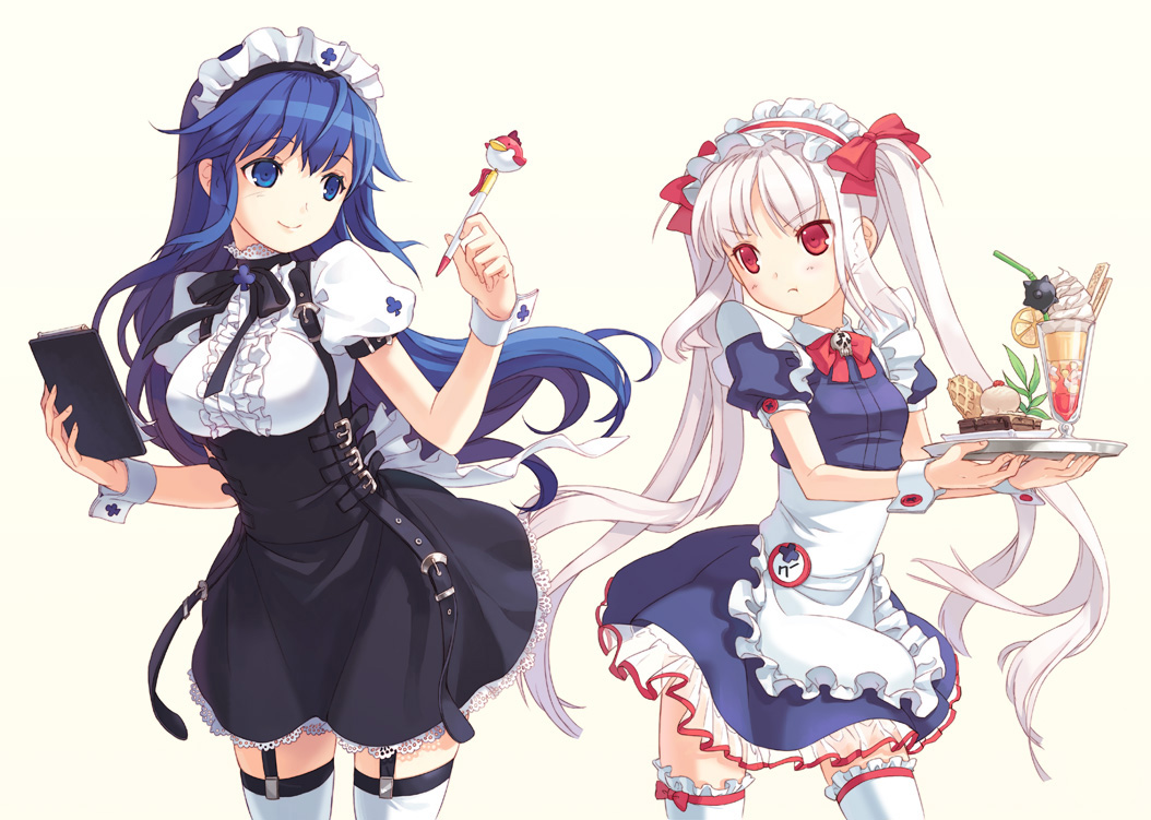 2girls, arin, blue_eyes, blue_hair, blush, breasts, female, flat_chest, food, frilled_thighhighs, frills, h2so4, hands, ice_cream, kooh, lace, loli, long_hair, maid, multiple_girls, pangya, platinum_hair, red_eyes, ribbon, skirt, thigh_highs, thighhighs, twintails, uniform, waitress, white_hair, zettai_ryouiki