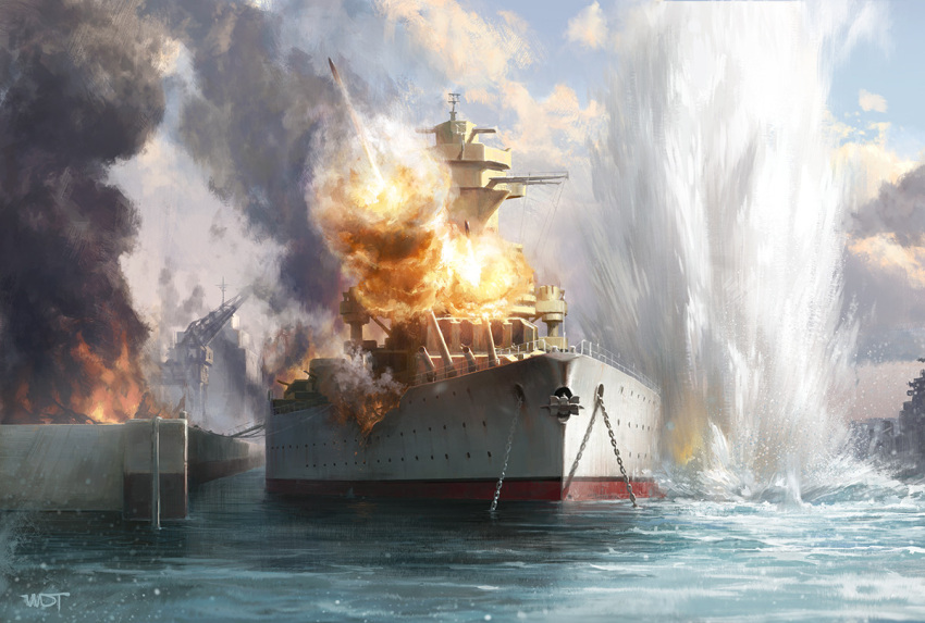 battle, blue_sky, cannon, chain, darren_tan, day, dock, explosion
