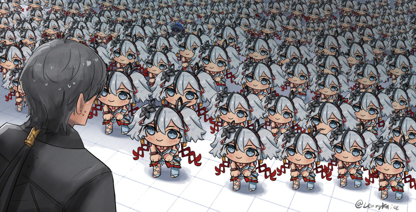 1boy, 2girls, absurdres, black_eyes, black_flower, black_hair, black_jacket, blake_bloom_(wuthering_waves), camellya_(wuthering_waves), clone, closed_mouth, commentary, flower, hair_flower, hair_ornament, hashtag-only_commentary, highres, jacket, lennykaise, looking_at_another, male_rover_(wuthering_waves), mini_person, minigirl, multiple_girls, rover_(wuthering_waves), short_twintails, smile, sweatdrop, too_many_clones, twintails, white_hair, wuthering_waves, yangyang_(wuthering_waves)
