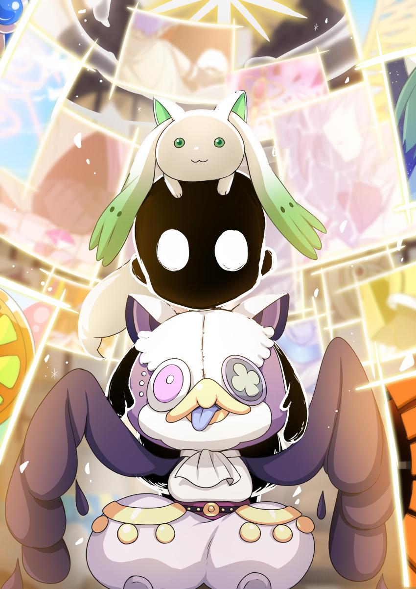1girl, :3, a-q_(madoka_magica), absurdres, animal_on_head, blank_eyes, creature, green_eyes