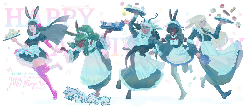 6+girls, alternate_costume, ancient_rabbit, animal_ears, anniversary, antlers, apron, araiyme