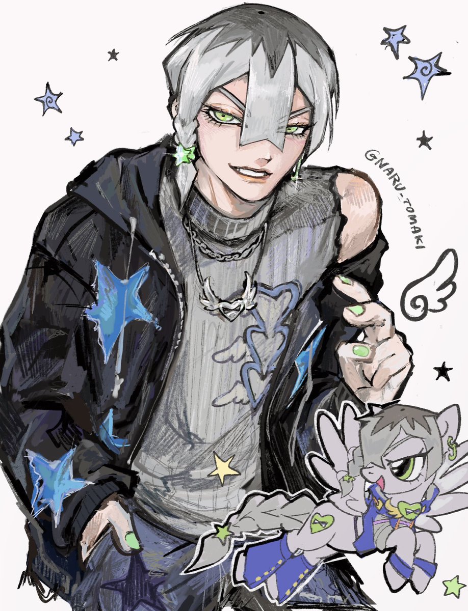 1boy, animalization, black_jacket, braid, chain, chibi, earrings, green_eyes