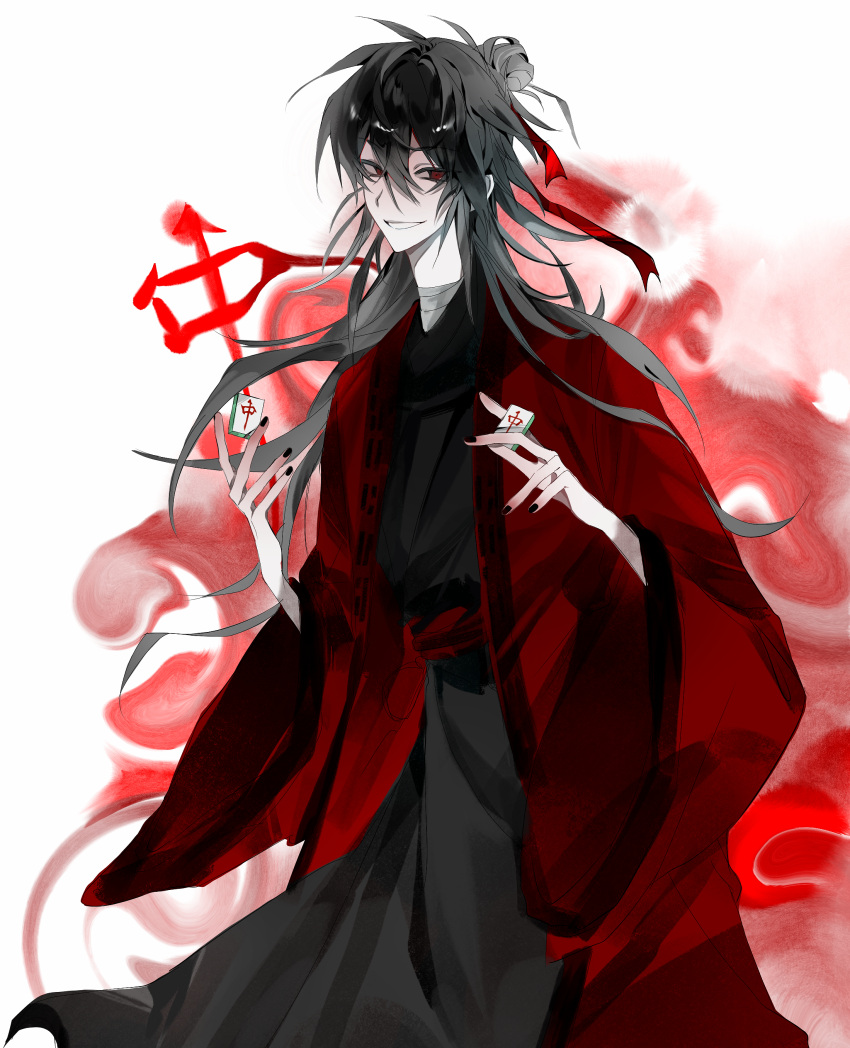 1boy, absurdres, bandaged_neck, bandages, black_hair, black_hanfu, black_nails, chinese_clothes, chinese_commentary, chinese_text, coat, dao_gui_yi_xian, hair_bun, hair_ribbon, half_updo, hands_up, hanfu, highres, holding, holding_mahjong_tile, hong_zhong, li_huowang, long_hair, looking_at_viewer, mahjong_tile, male_focus, nail_polish, pale_skin, red_coat, red_eyes, red_ribbon, red_sash, ribbon, robe, sash, single_hair_bun, smile, solo, swirl, white_background, wuzui088