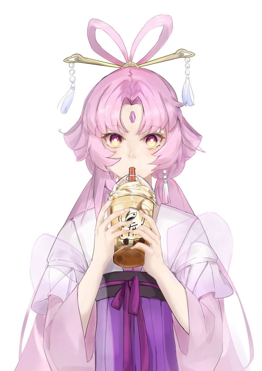 1girl, 2rabbits, absurdres, alternate_costume, bow-shaped_hair, bubble_tea, chinese_clothes, commentary_request