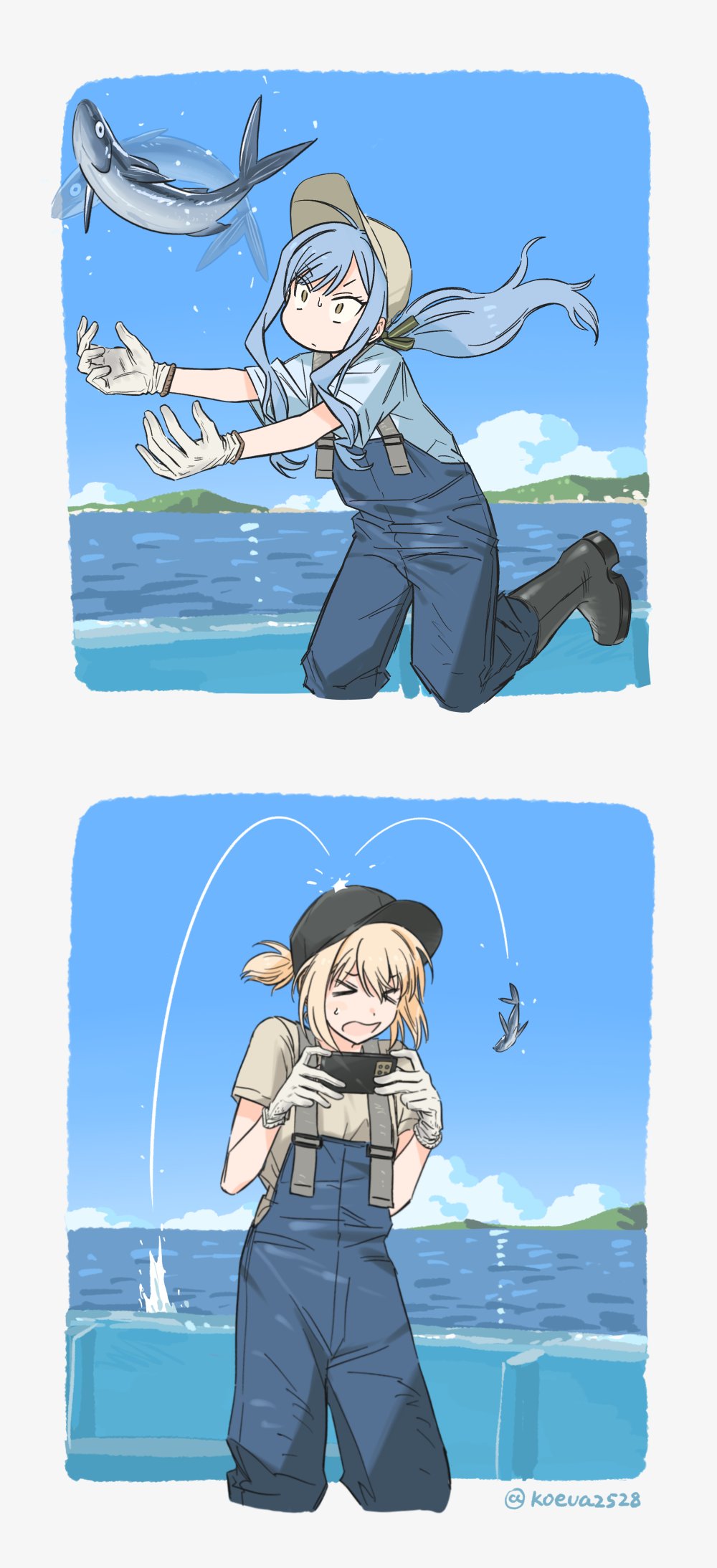 >_<, :d, alternate_costume, bang_dream!, bang_dream!_it's_mygo!!!!!, black_boots, boots, fish, fishing, gloves, hat, highres, jumping, koeua2528, messy_hair, misumi_uika, ocean, shirt, smile, t-shirt, tagme, togawa_sakiko, twintails, twitter_username, white_gloves, xd