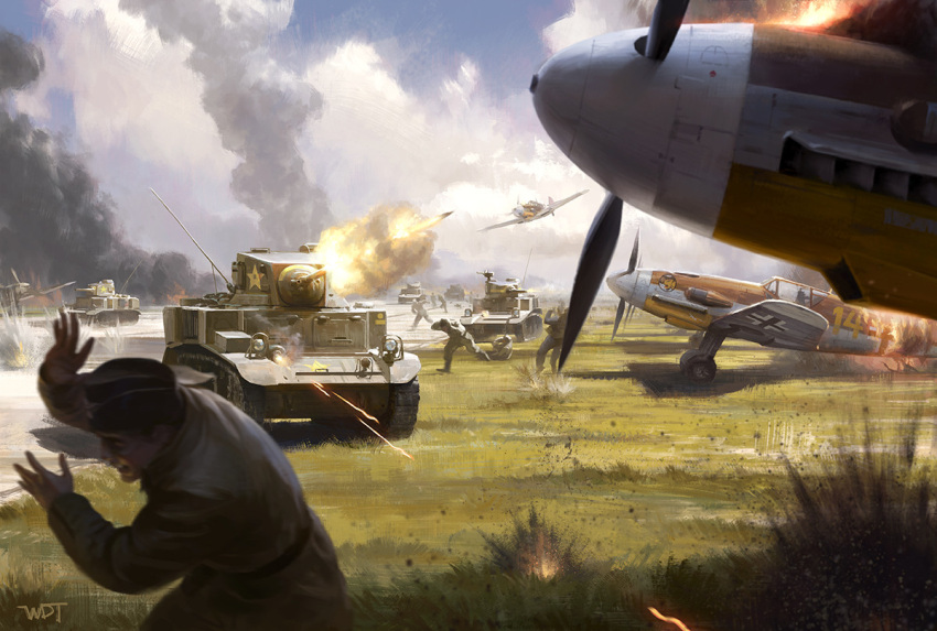 2boys, 6+boys, aircraft, airplane, battle, darren_tan, explosion, firing