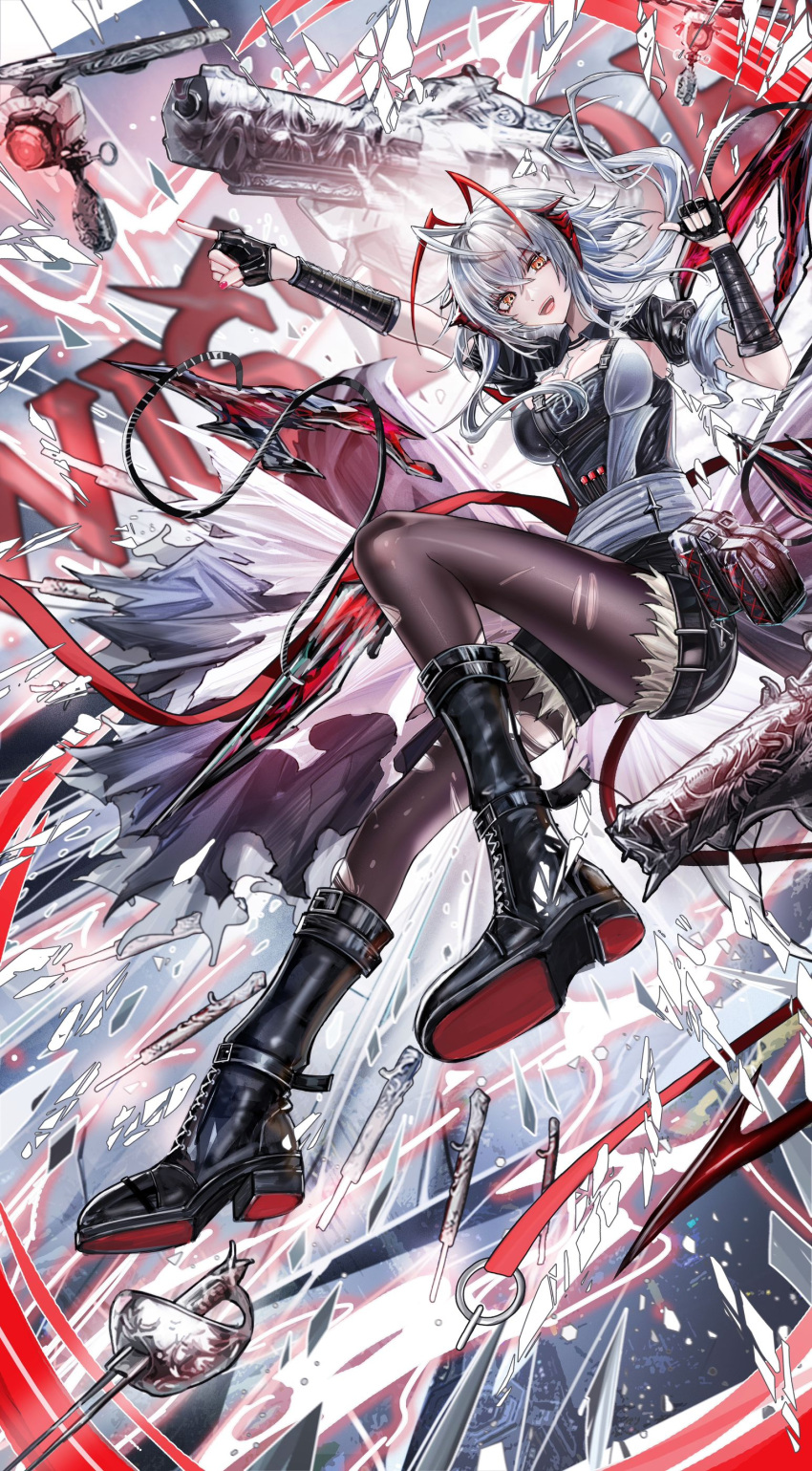 absurdres, arknights, black_boots, black_gloves, boots, character_name, crack, cracked_glass