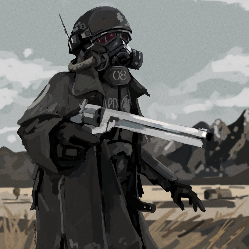 absurdres, ambiguous_gender, belt, black_gloves, blue_sky, body_armor, bulletproof_vest, courier_(fallout:_new_vegas)