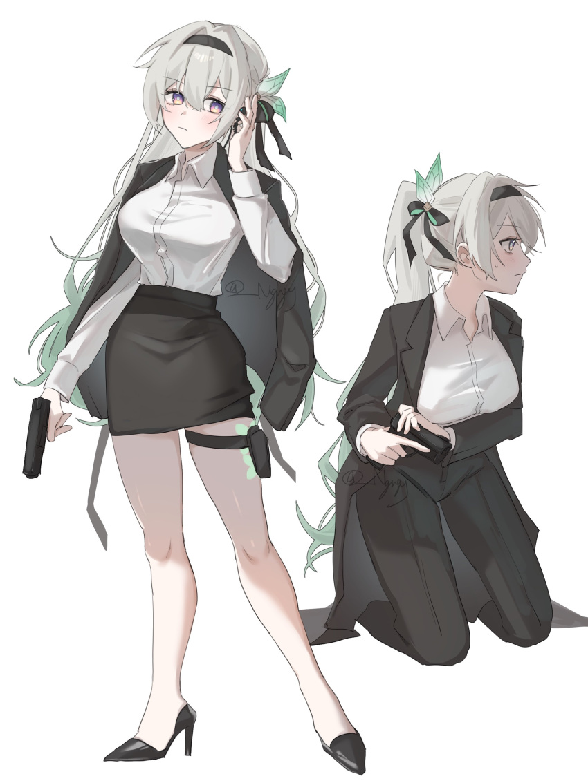 1girl, 21syn_q_(gohan), absurdres, alternate_costume, alternate_hair_length, alternate_hairstyle, arm_under_breasts, black_hairband, black_jacket, black_pants, black_shoes, black_skirt, breasts, closed_mouth, collared_shirt, commentary_request, dress_shirt, earpiece, firefly_(honkai:_star_rail), full_body, gradient_hair, green_hair, grey_hair, gun, hair_ornament, hairband, hand_up, handgun, high_heels, highres, holding, holding_gun, holding_weapon, holster, honkai:_star_rail, honkai_(series), jacket, jacket_on_shoulders, kneeling, large_breasts, long_hair, long_sleeves, multicolored_hair, multiple_views, open_clothes, open_jacket, pant_suit, pants, pencil_skirt, ponytail, pumps, shirt, shirt_tucked_in, shoes, simple_background, skirt, skirt_suit, standing, suit, suit_jacket, thigh_holster, twitter_username, very_long_hair, violet_eyes, weapon, white_background, white_shirt