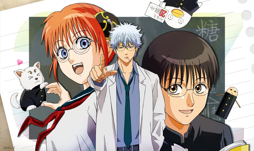 anime_coloring, black_shirt, blue_eyes, blue_necktie, blue_shirt, brown_eyes, brown_hair, bun_cover