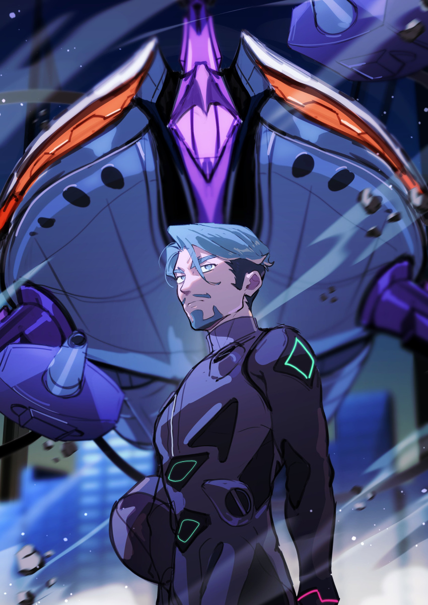 1boy, absurdres, beard, bodysuit, braw_bro, challia_bull, clenched_teeth, facial_hair