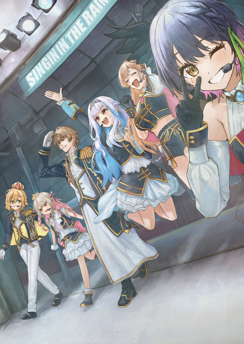 2boys, 3girls, :d, black_gloves, black_hair, blue_hair, blush, braid
