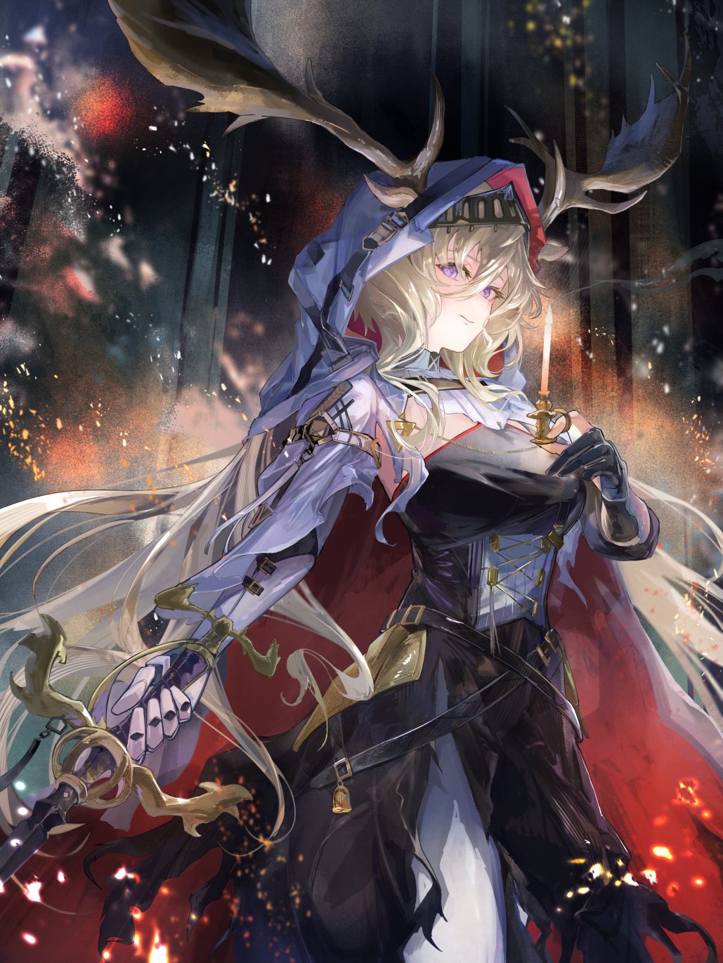 1girl, antlers, antlers_through_headwear, aqua_eyes, arknights, arm_armor, baobav, belt