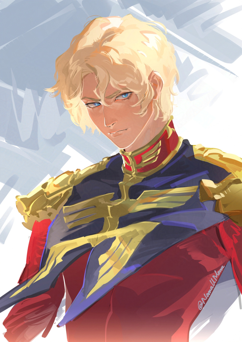1boy, blonde_hair, blue_eyes, char_aznable, epaulettes, grey_background, gundam, high_collar