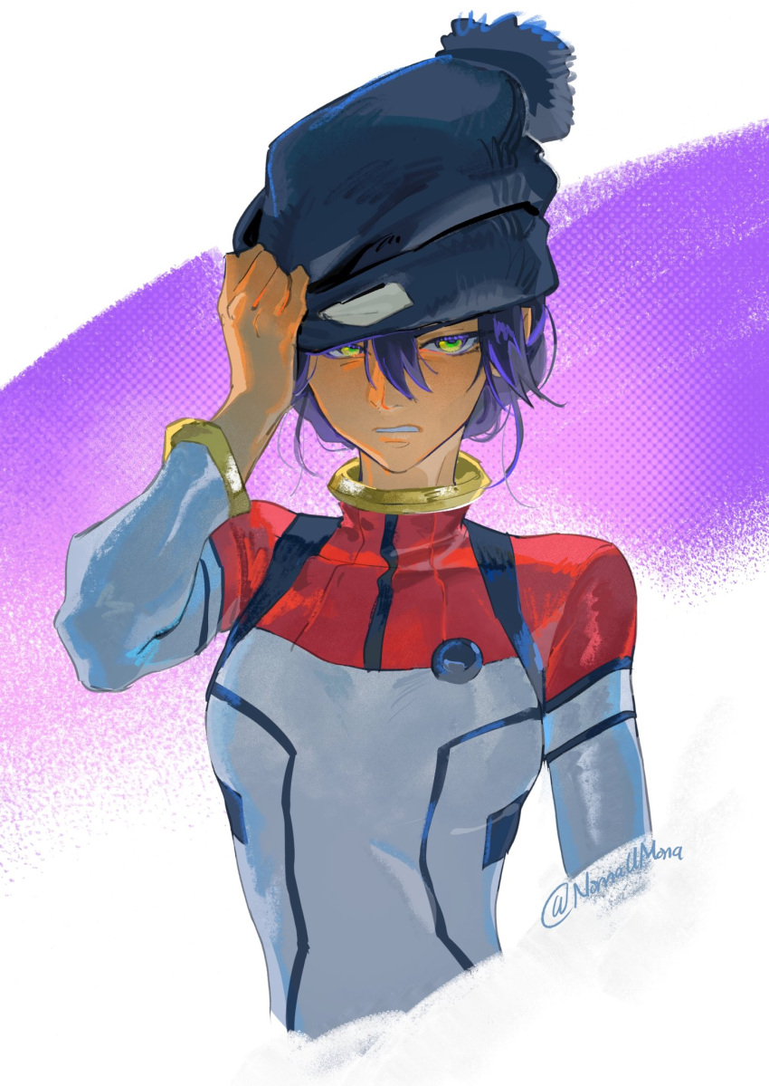 1girl, beanie, clenched_teeth, cropped_torso, gundam, gundam_gquuuuuux, hat, highres