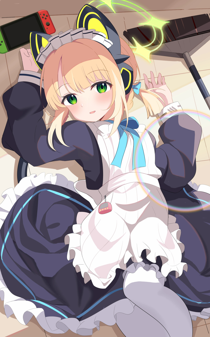 1girl, absurdres, animal_ear_headphones, animal_ears, apron, black_dress, blonde_hair, blue_archive