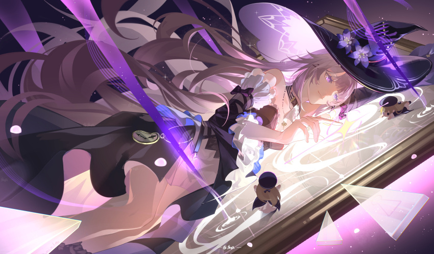 1girl, absurdres, bare_shoulders, brown_hair, clock, detached_sleeves, dress, flower