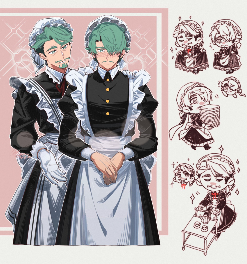 2boys, age_comparison, alternate_costume, apron, beard, black_dress, blush, challia_bull