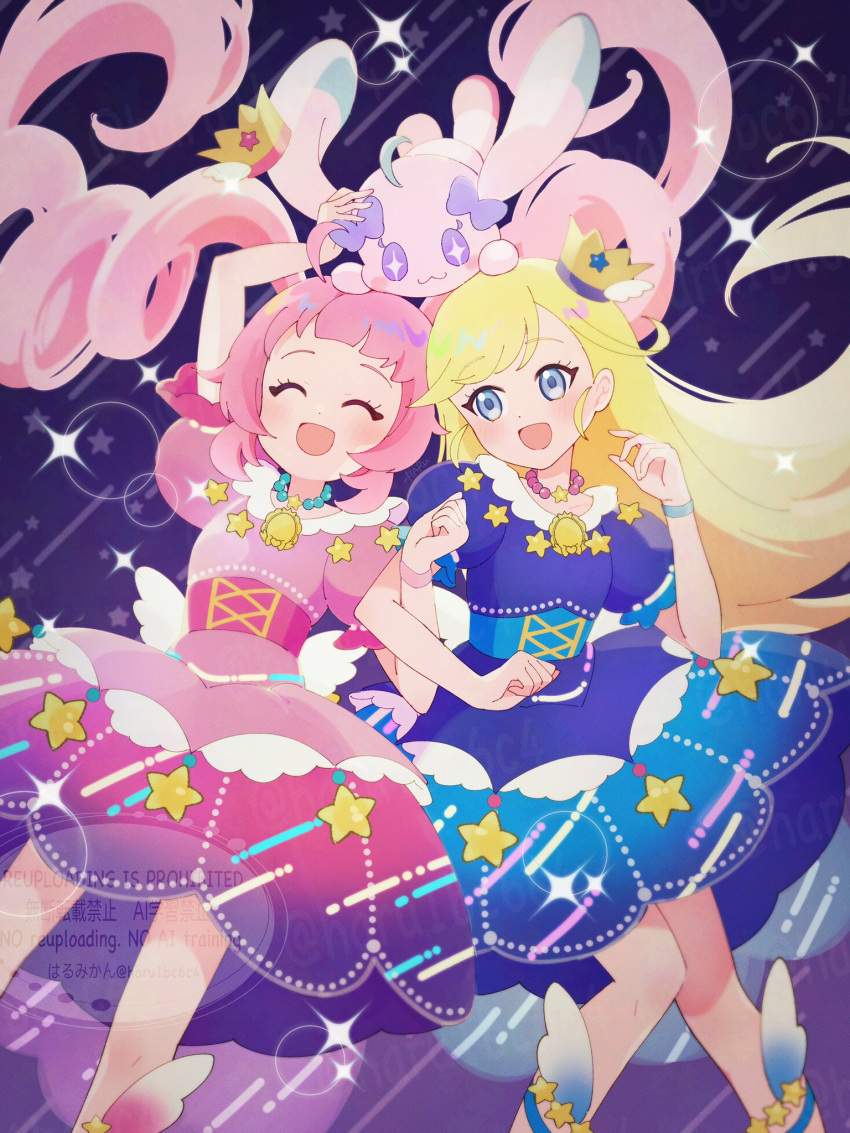 2girls, :3, :d, ahoge, aozora_himari, arm_up, artist_name, blonde_hair