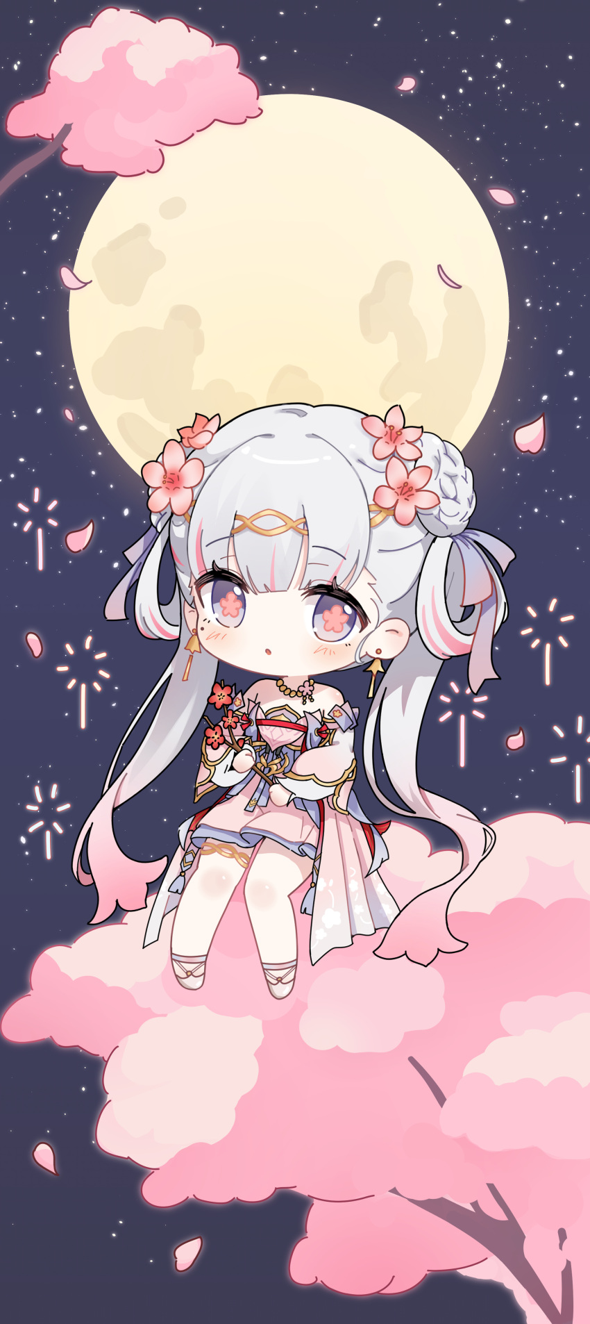 1girl, absurdres, aerial_fireworks, blush, cherry_blossoms, chibi, chibi_only, colored_tips