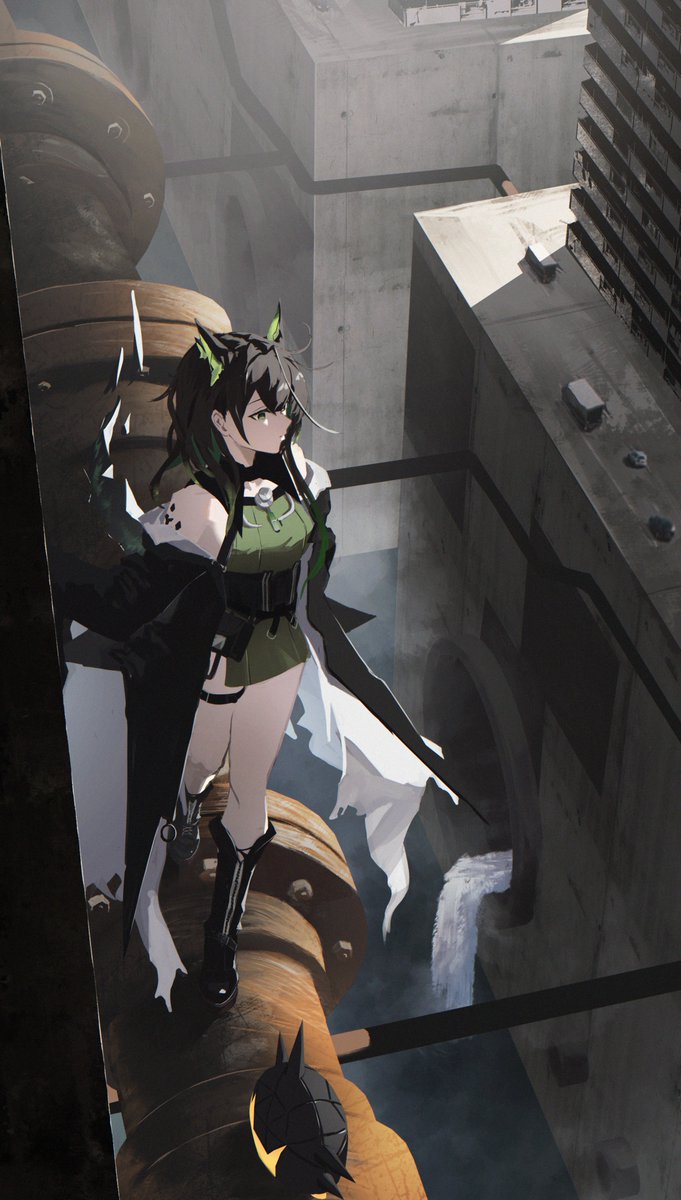 1girl, animal_ears, arknights, bare_legs, bare_shoulders, belt, belt_pouch, black_belt