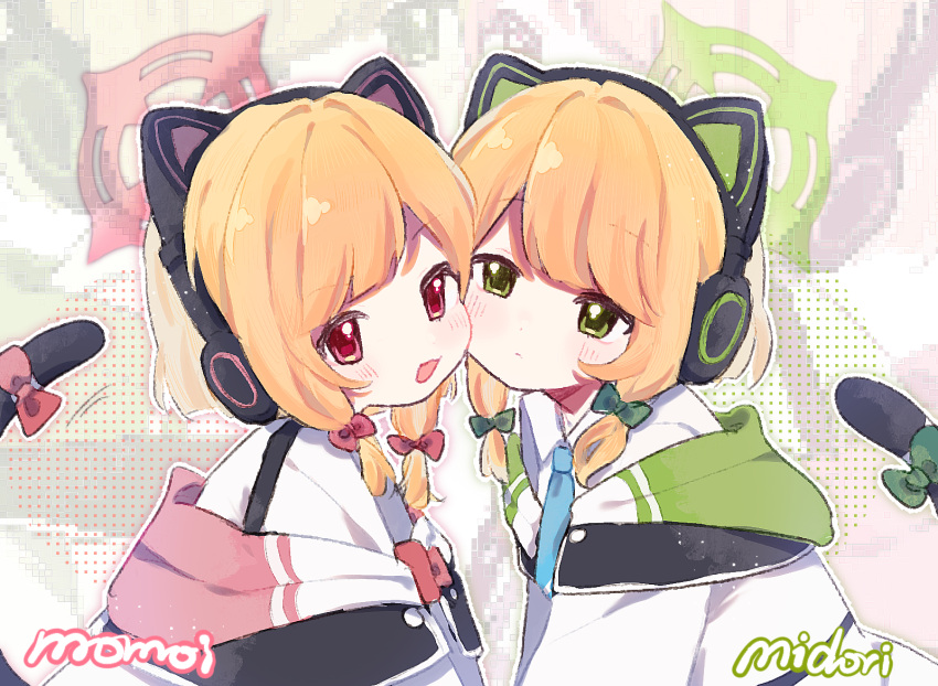 2girls, animal_ear_headphones, animal_ears, blonde_hair, blue_archive, blue_necktie, blush, bow