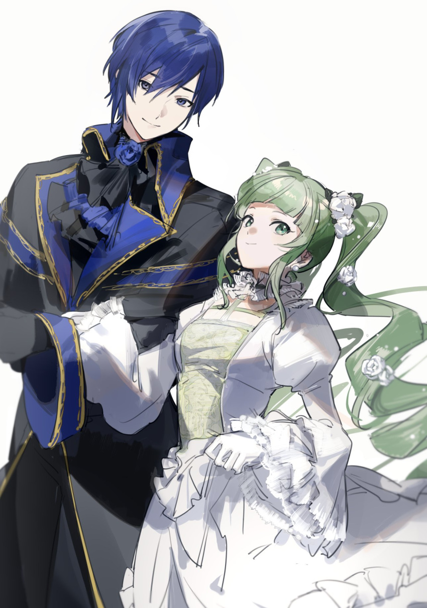 1boy, 1girl, aristocratic_clothes, ascot, black_ascot, black_coat, black_gloves, black_pants