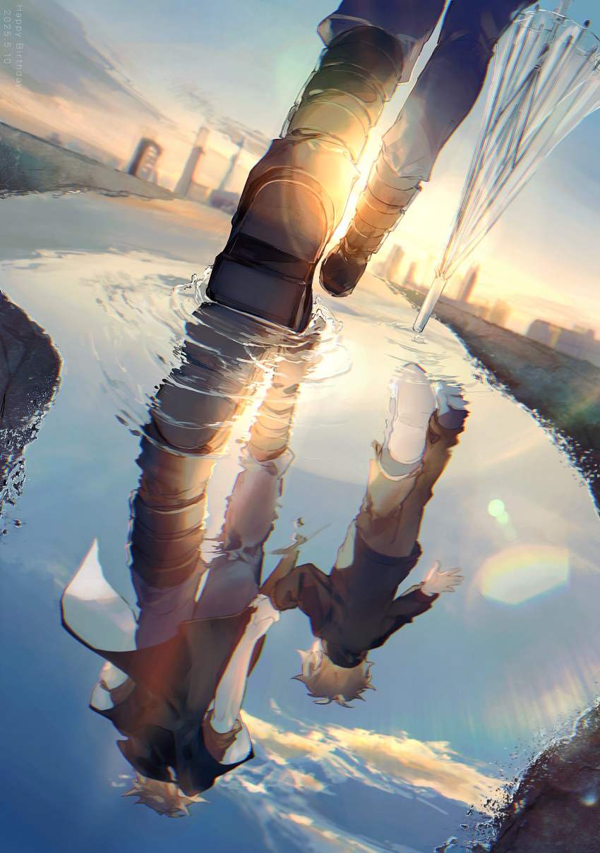 absurdres, aged_down, black_boots, black_jacket, black_shirt, blonde_hair, blue_sky, boots