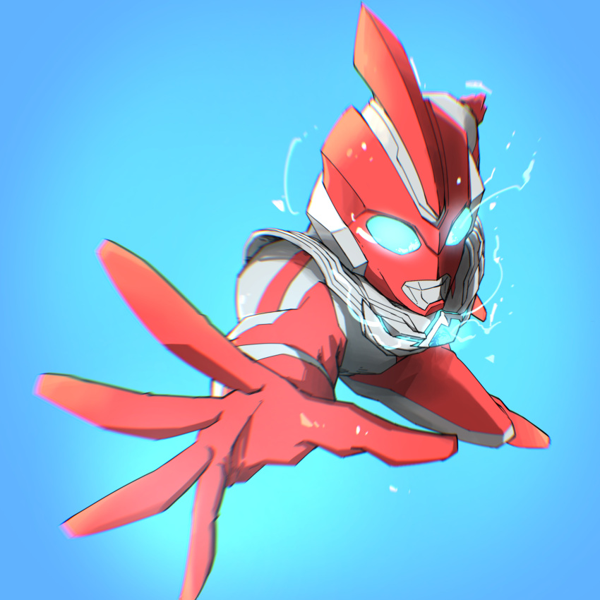 1boy, absurdres, alien, arm_up, armor, blue_background, blue_eyes, blurry