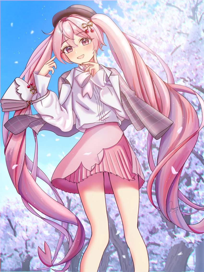 1girl, absurdres, brown_hat, cherry_blossoms, cowboy_shot, hat, hatsune_miku, highres, long_hair, long_sleeves, maarin_(59567861), open_mouth, pink_eyes, pink_skirt, sakura_miku, shirt, skirt, smile, solo, twintails, very_long_hair, vocaloid, white_shirt