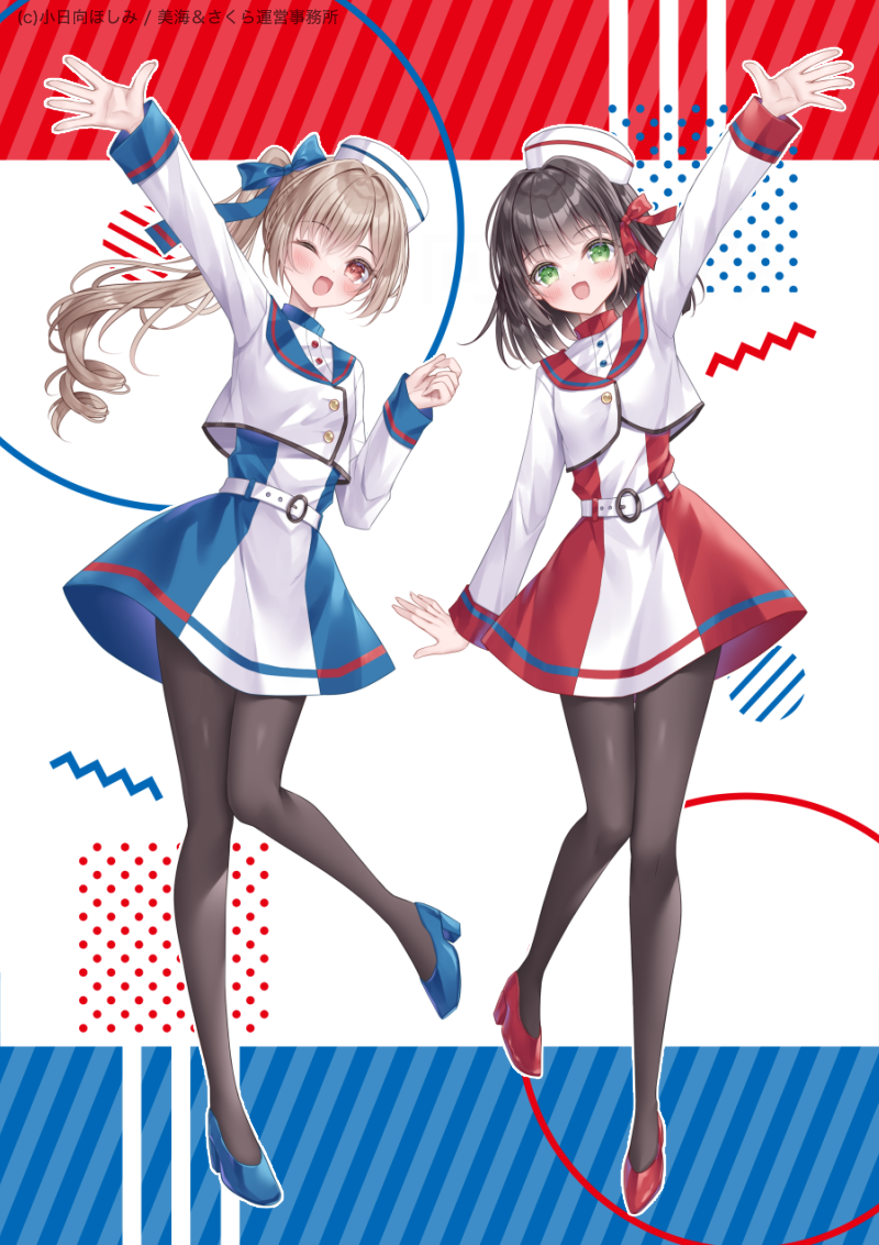 2girls, :d, ;d, arm_up, black_hair, black_pantyhose, blue_bow, blue_shoes