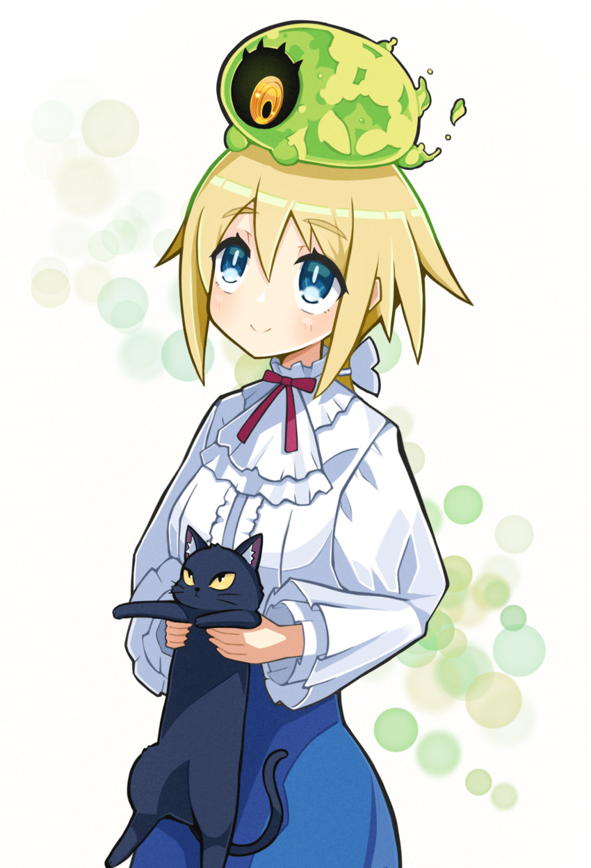 1girl, 1other, animal, black_cat, blonde_hair, blue_eyes, blue_skirt, blush