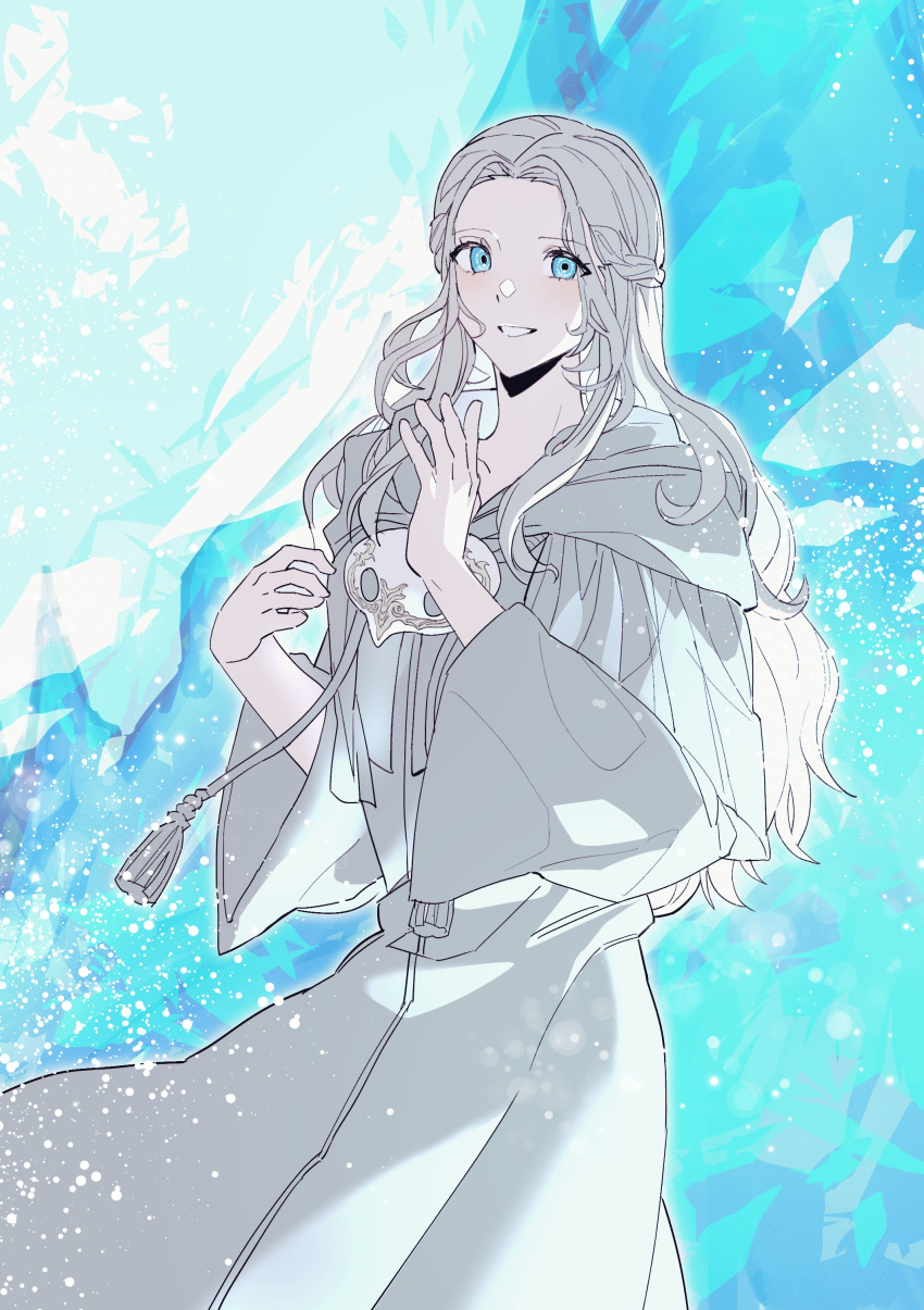 1girl, absurdres, blue_background, blue_eyes, braid, capelet, cowboy_shot, drawstring, ff_topet, final_fantasy, final_fantasy_xiv, half_up_braid, highres, hood, hood_down, hooded_capelet, long_hair, looking_at_viewer, mask, mask_around_neck, robe, smile, solo, sophist's_robe_(ff14), unworn_mask, venat_(ff14), white_capelet, white_hair, white_robe