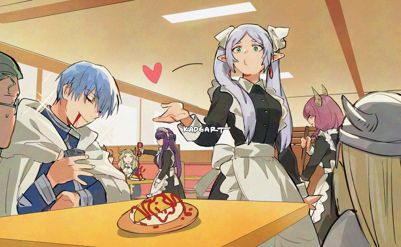4boys, 4girls, apron, artist_name, aura_(sousou_no_frieren), black_dress, blood, blood_on_face