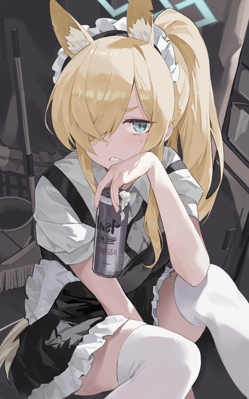 1girl, absurdres, alcohol, alternate_costume, alternate_hairstyle, animal_ear_fluff, animal_ears, beer, between_legs, black_overalls, blonde_hair, blue_archive, blue_eyes, blush, chinese_commentary, clenched_teeth, commentary_request, dog_ears, dog_girl, drink, enmaided, fang5hine, feet_out_of_frame, hair_over_one_eye, hairband, hand_between_legs, highres, holding, holding_drink, kanna_(blue_archive), long_hair, looking_at_viewer, maid, maid_headdress, overalls, ponytail, sharp_teeth, sidelocks, sitting, solo, sweatdrop, teeth, thigh-highs, white_hairband, white_thighhighs, zettai_ryouiki