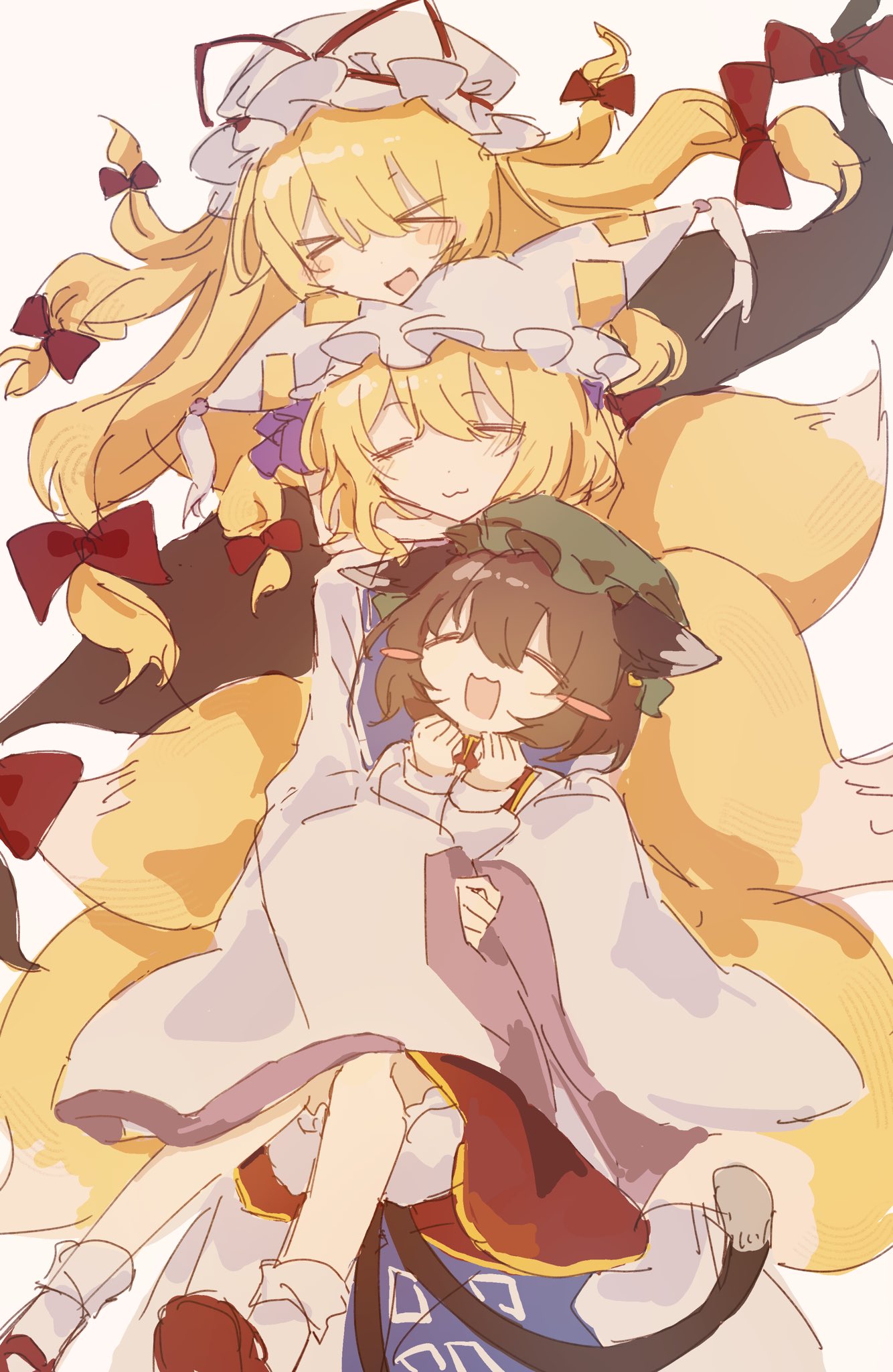 >_<, 3girls, :3, animal_ears, blue_tabard, blush, cat_ears, cat_girl, cat_tail, chen, closed_eyes, closed_mouth, dress, elbow_gloves, fox_girl, fox_tail, gap_(touhou), gloves, hair_between_eyes, hair_ribbon, hat, highres, hug, hug_from_behind, long_hair, long_sleeves, medium_hair, mob_cap, multiple_girls, multiple_tails, one-hour_drawing_challenge, open_mouth, purple_dress, red_dress, ribbon, short_sleeves, smile, tabard, tail, touhou, white_background, white_dress, white_gloves, wusem0108, yakumo_ran, yakumo_yukari
