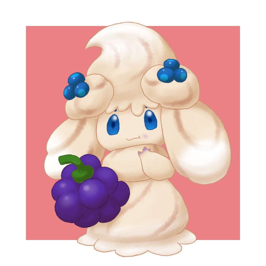 1girl, alcremie, alcremie_(berry_sweet), alcremie_(caramel_swirl), berry_(pokemon), blue_eyes, blueberry, bluk_berry