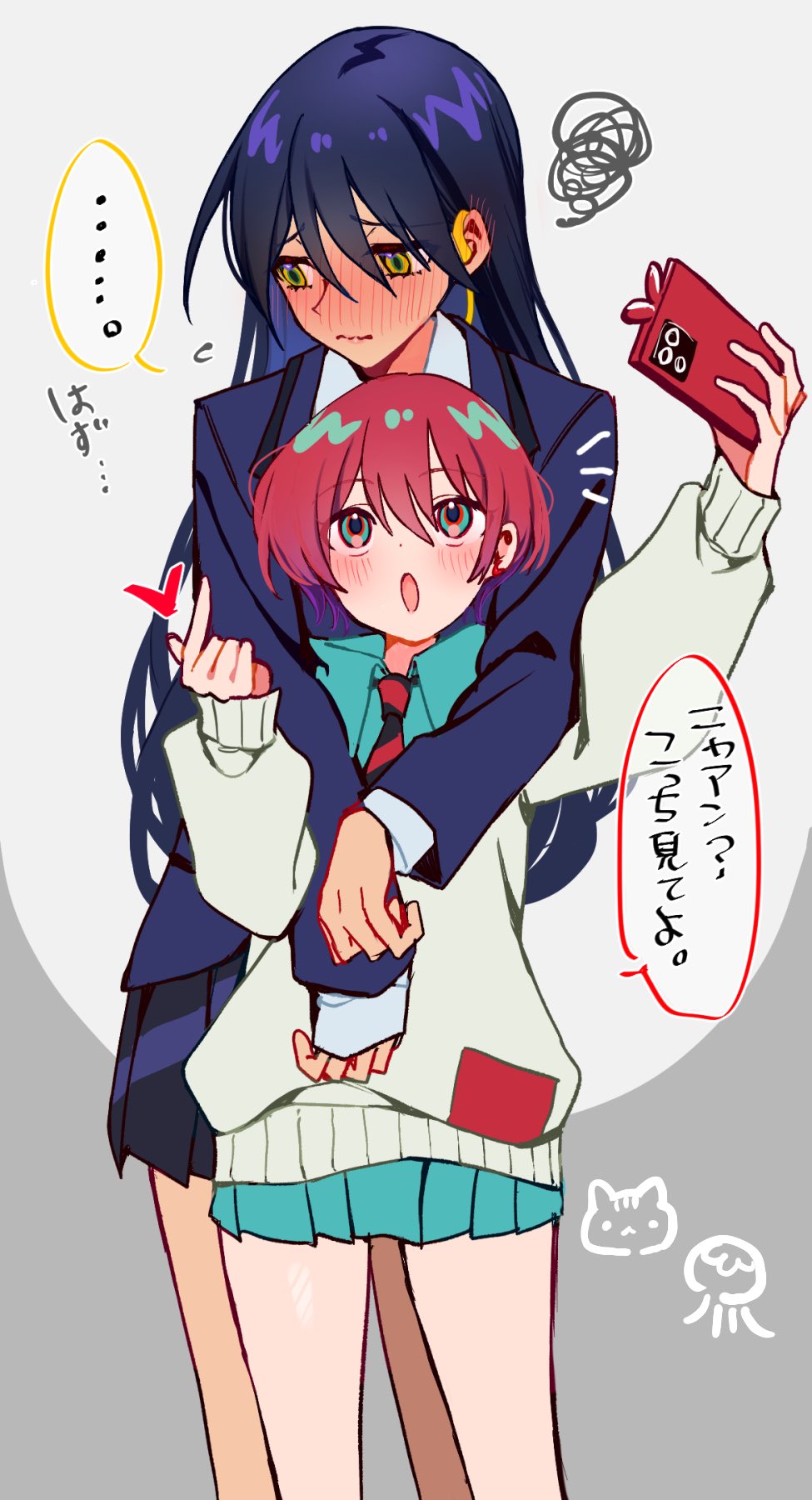 ..., 2girls, amate_yuzuriha, blue_eyes, blue_jacket, blue_shirt, blue_skirt, blush