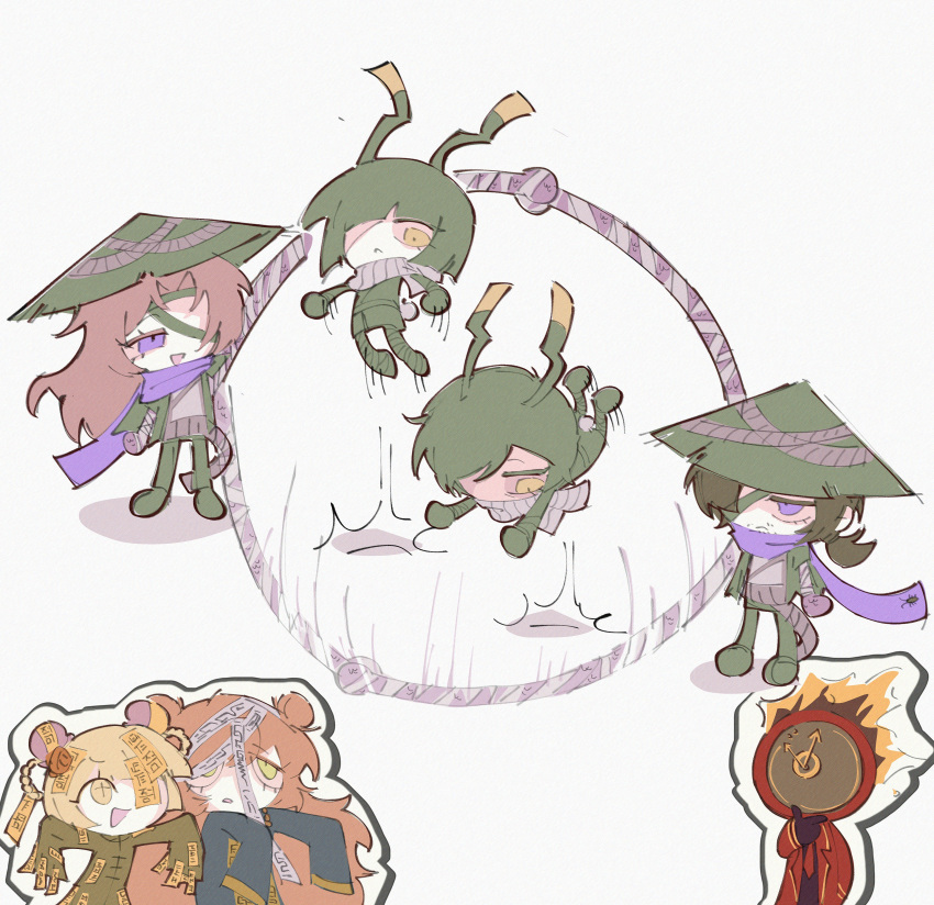 1boy, 1other, 5girls, :d, absurdres, black_hair, brown_hair, cai8510, clock, commentary_request, conical_hat, dante_(limbus_company), don_quixote_(project_moon), double_bun, e.g.o_(project_moon), green_eyes, gregor_(project_moon), hair_bun, heishou_pack-mao_branch_(identity)_(project_moon), heishou_pack-si_branch_(identity)_(project_moon), highres, holding_hands, hundred-footed_death_maggot_(e.g.o), ishmael_(project_moon), jump_rope, jumping, limbus_company, long_arms, multiple_girls, open_mouth, orange_hair, outis_(project_moon), ponytail, project_moon, red_sheet_(e.g.o), rodion_(project_moon), ryoshu_(project_moon), scarf, sleeves_past_fingers, sleeves_past_wrists, smile, talisman, violet_eyes, yellow_eyes