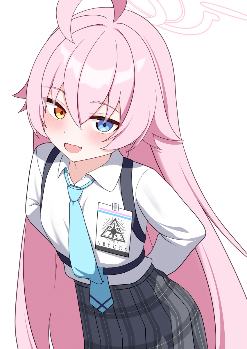 1girl, absurdres, abydos_high_school_logo, ahoge, arms_behind_back, black_skirt, blue_archive, blue_eyes