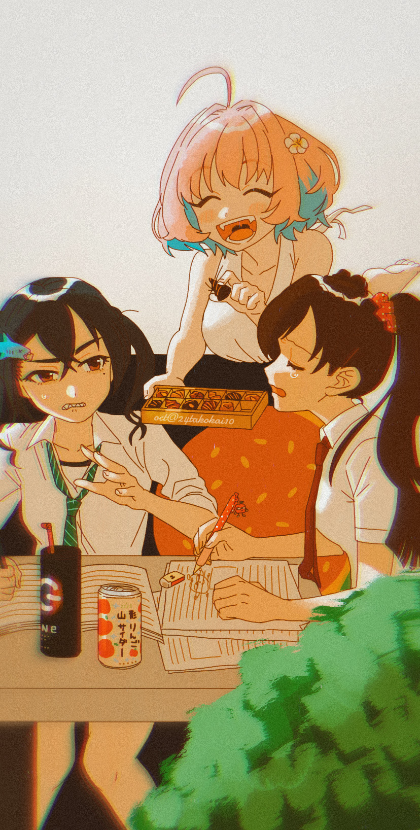 #unicus_(idolmaster), 24takokai10, 3girls, ^_^, ahoge, black_hair, blush, bob_cut, brown_hair, can, chocolate, closed_eyes, commentary_request, drawing_(object), food, green_necktie, hair_ornament, hair_scrunchie, highres, holding, holding_chocolate, holding_food, holding_pen, idolmaster, idolmaster_cinderella_girls, long_hair, mole, mole_under_eye, multiple_girls, necktie, pen, pink_hair, ponytail, red_necktie, ringorou_(idolmaster), school_uniform, scrunchie, shark_hair_ornament, sharp_teeth, shirt, sitting, smile, sunazuka_akira, sweatdrop, tears, teeth, tsujino_akari, twintails, white_shirt, yumemi_riamu