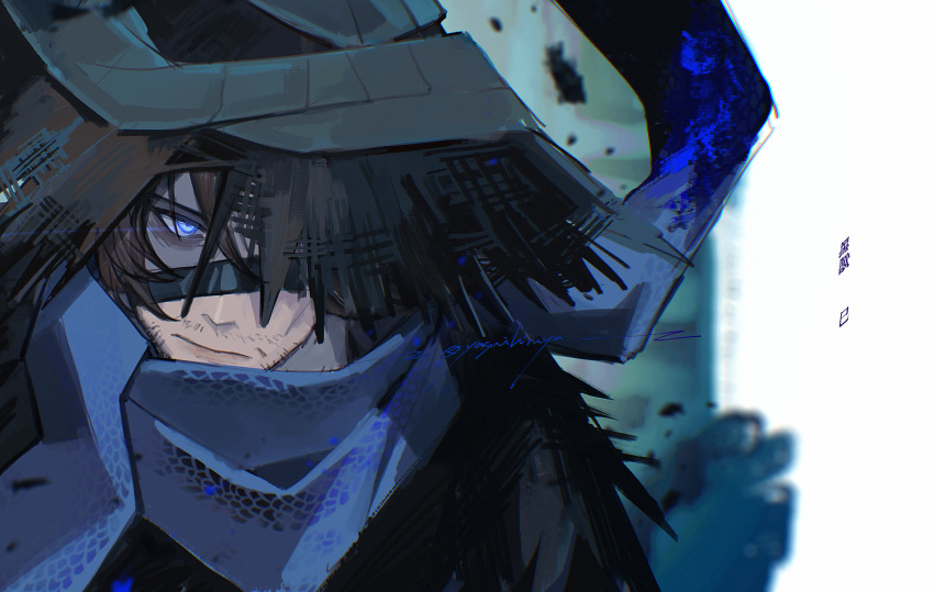 1boy, absurdres, blue_scarf, brown_hair, commentary_request, conical_hat, facial_hair, gregor_(project_moon)