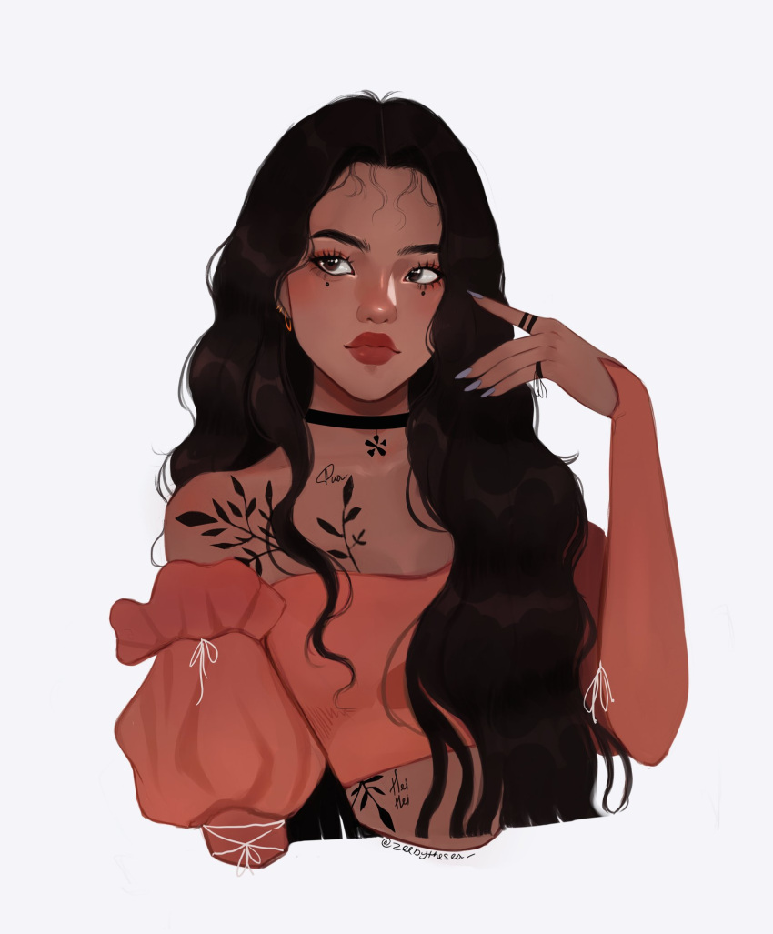 1girl, aegyo_sal, brown_eyes, brown_hair, chest_tattoo, choker, crop_top, dark-skinned_female