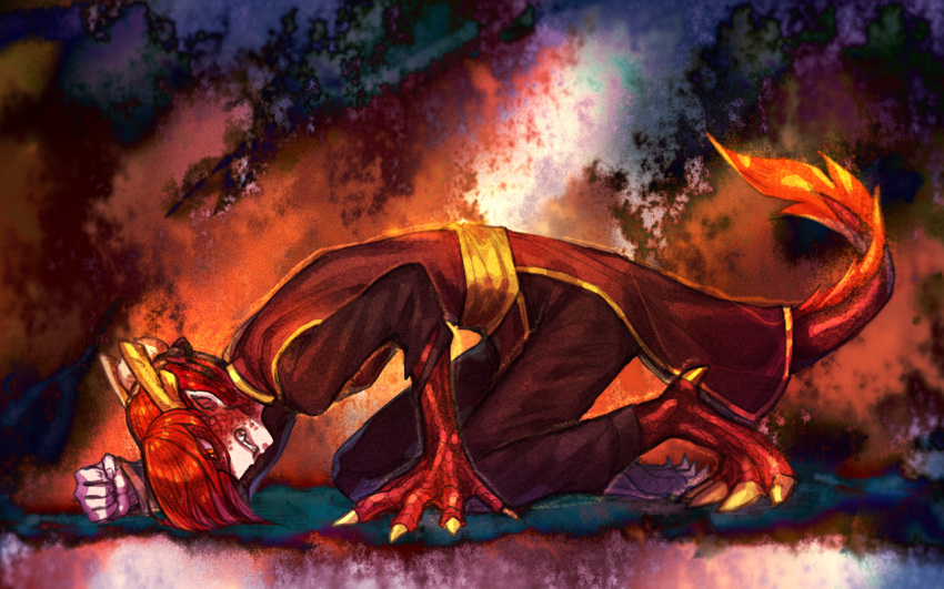 1boy, all_fours, brown_pants, bun_cover, chinese_clothes, claws, clenched_hand, clenched_teeth