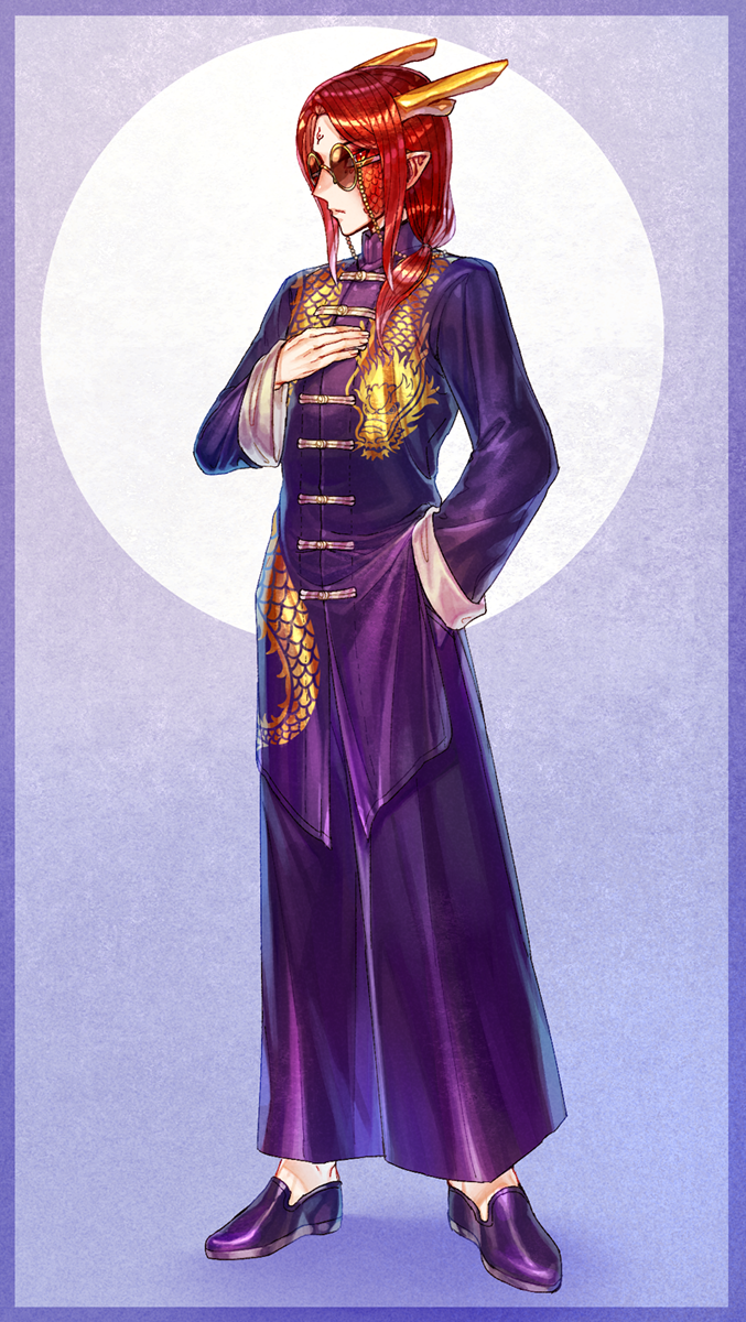1boy, alternate_costume, border, chinese_clothes, commentary_request, dragon_boy, dragon_horns, dragon_print