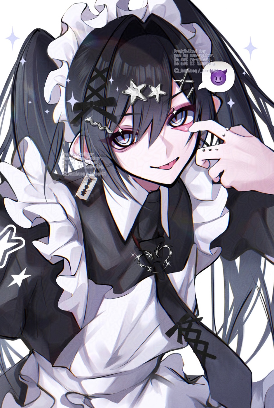 1boy, akanbe, apron, black_dress, black_hair, black_necktie, closed_mouth, collared_shirt