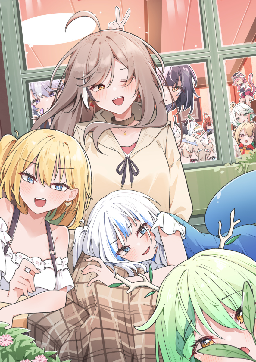 +_+, 6+girls, absurdres, ahoge, airenif, black_choker, black_hair, blonde_hair