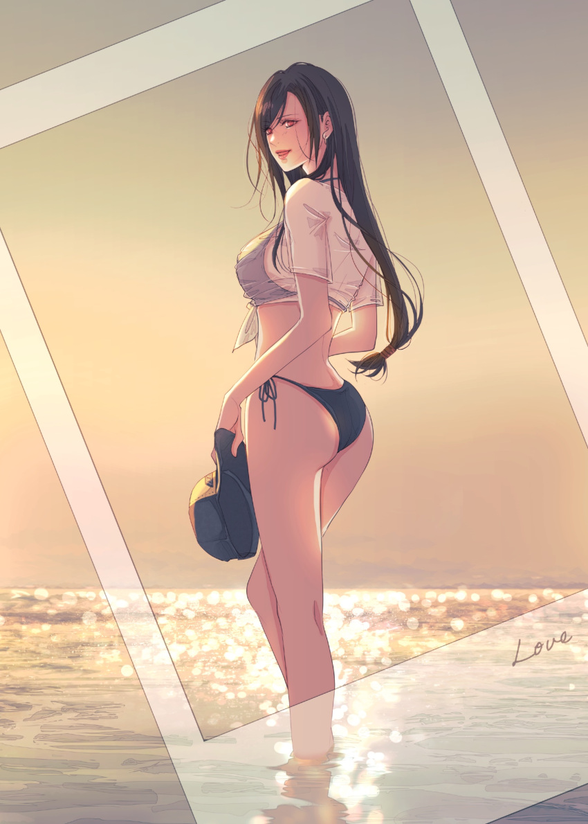 1girl, ass, bare_legs, beach, bikini, black_bikini, black_hair, breasts