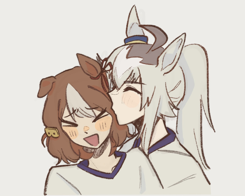 >_<, 2girls, :d, ahoge, animal_ears, belno_light_(umamusume), blush, brown_hair
