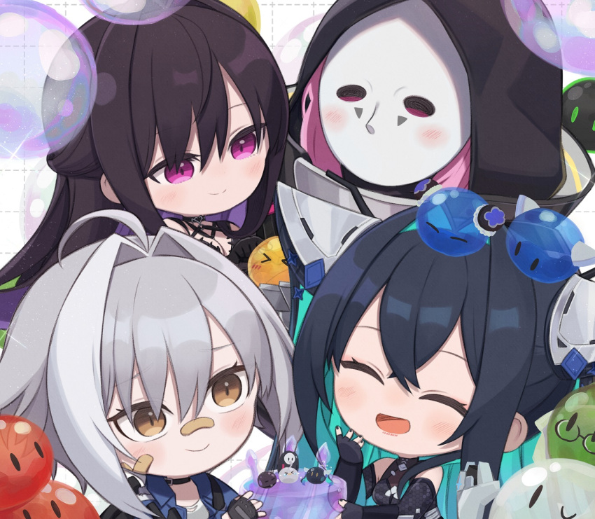 4girls, bandaid, bandaid_on_face, bandaid_on_nose, black_hair, black_nails, blush, brown_eyes, bubble, closed_eyes, colored_inner_hair, goddess_of_victory:_nikke, hair_between_eyes, hair_intakes, half_updo, highres, hood, little_mermaid_(nikke), long_hair, looking_at_another, mask, mihara_(bonding_chain)_(nikke), mori_(nikke), multicolored_hair, multiple_girls, short_hair, sidelocks, smile, totatokeke, violet_eyes, yuni_(chimera)_(nikke)
